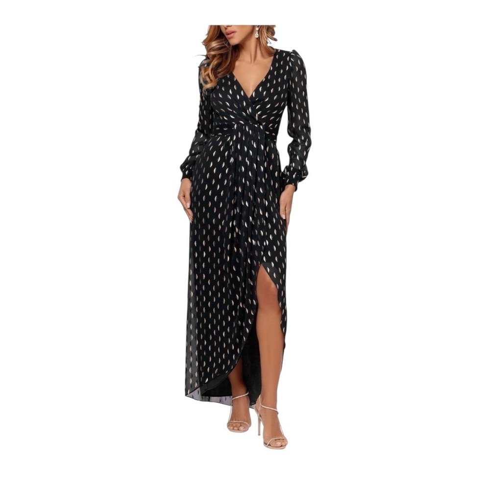 NWT Betsy & Adam Black Maxi Gown‎ 6 Long Sleeve V‑Neck Chiffon Slit Formal Dress